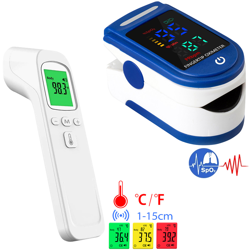 Pulse Oximeter - เครื่องวัดอุณหภูมิไฟฟ้าปืนวัดอุณหภูมิหน้าผากแบบ2-in-1ใช้ในครัวเรือน + ที่หนีบนิ้วแบบหนีบเครื่องวัดออกซิเจนชีพจรที่แม่นยำ