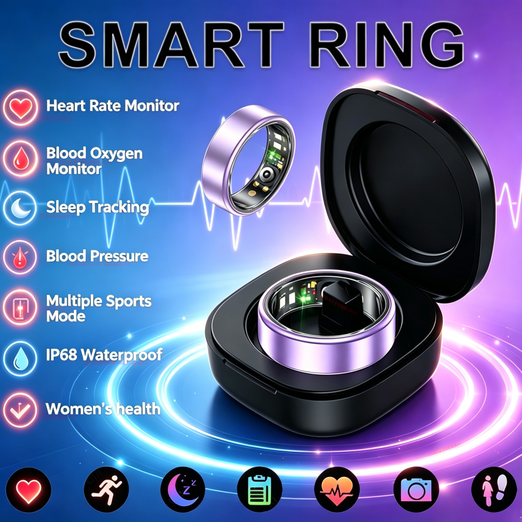 Blood Pressure Monitor - แหวนอัจฉริยะ 2026 สำหรับวัดความดันโลหิต อัตราการเต้นของหัวใจ และการตรวจสอบการนอนหลับ แหวนอัจฉริยะกันน้ำระดับ