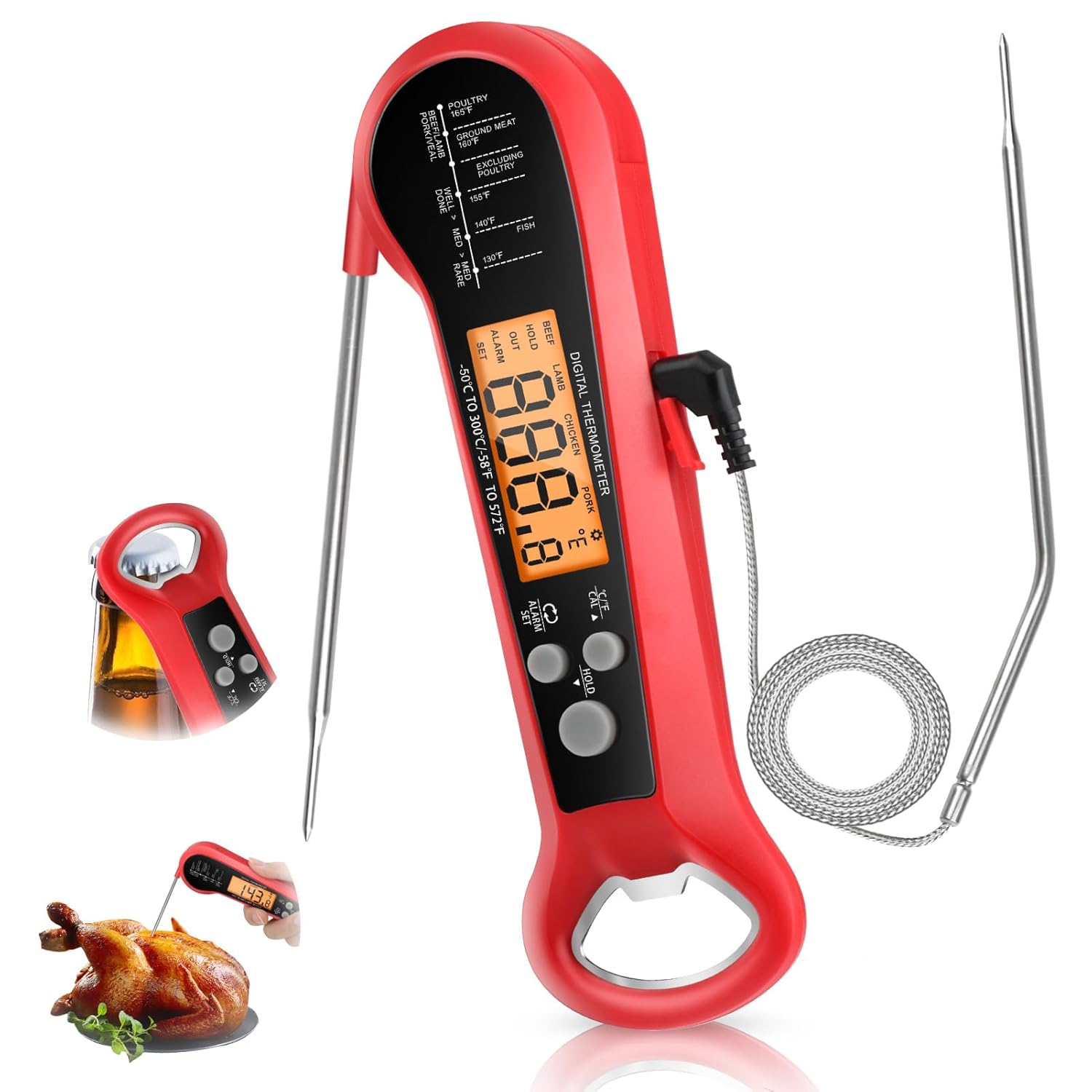 Thermometer Digital - เทอร์โมมิเตอร์วัดอุณหภูมิเนื้อแบบดิจิตอลสำหรับมืออาชีพ กันน้ำ พร้อมหัววัด 2 หัว สายยาว