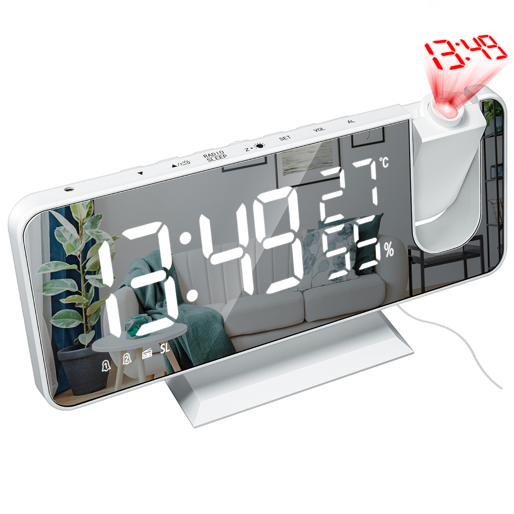 Thermometer Digital - นาฬิกาดิจิทัลพร้อมเครื่องวัดอุณหภูมิและเครื่องวัดความชื้น, นาฬิกาโปรเจคเตอร์, วิทยุ, เครื่องวัดอุณหภูมิและความชื้น, พื้นหลังสีขาว, ตัวอักษรสีขาว
