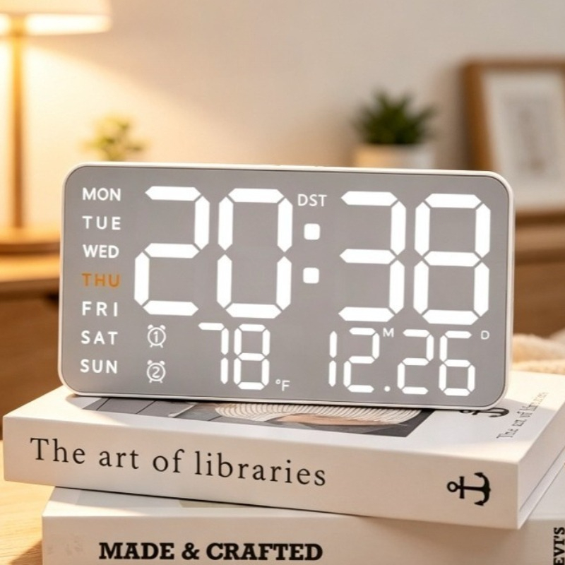 Thermometer Digital - เครื่องวัดอุณหภูมิ/ความชื้นในร่มแบบแขวน นาฬิกาปลุกตั้งโต๊ะอเนกประสงค์ จอแสดงผล LED อิเล็กทรอนิกส์ แสดงเวลา